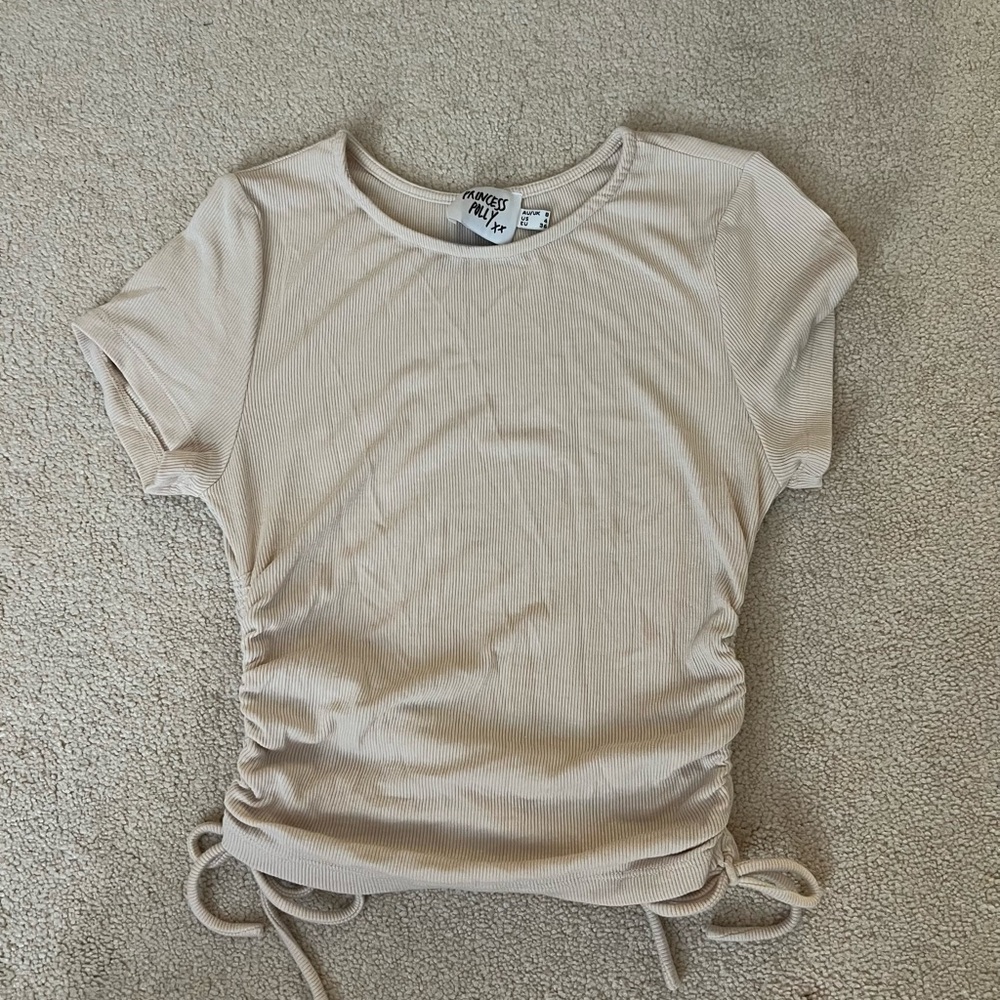 Princess Polly Cream Ruched Tie Front Short Sleeve T-Shirt